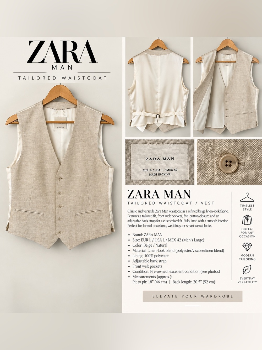 ZARA Man Natural Beige Tailored Waistcoat